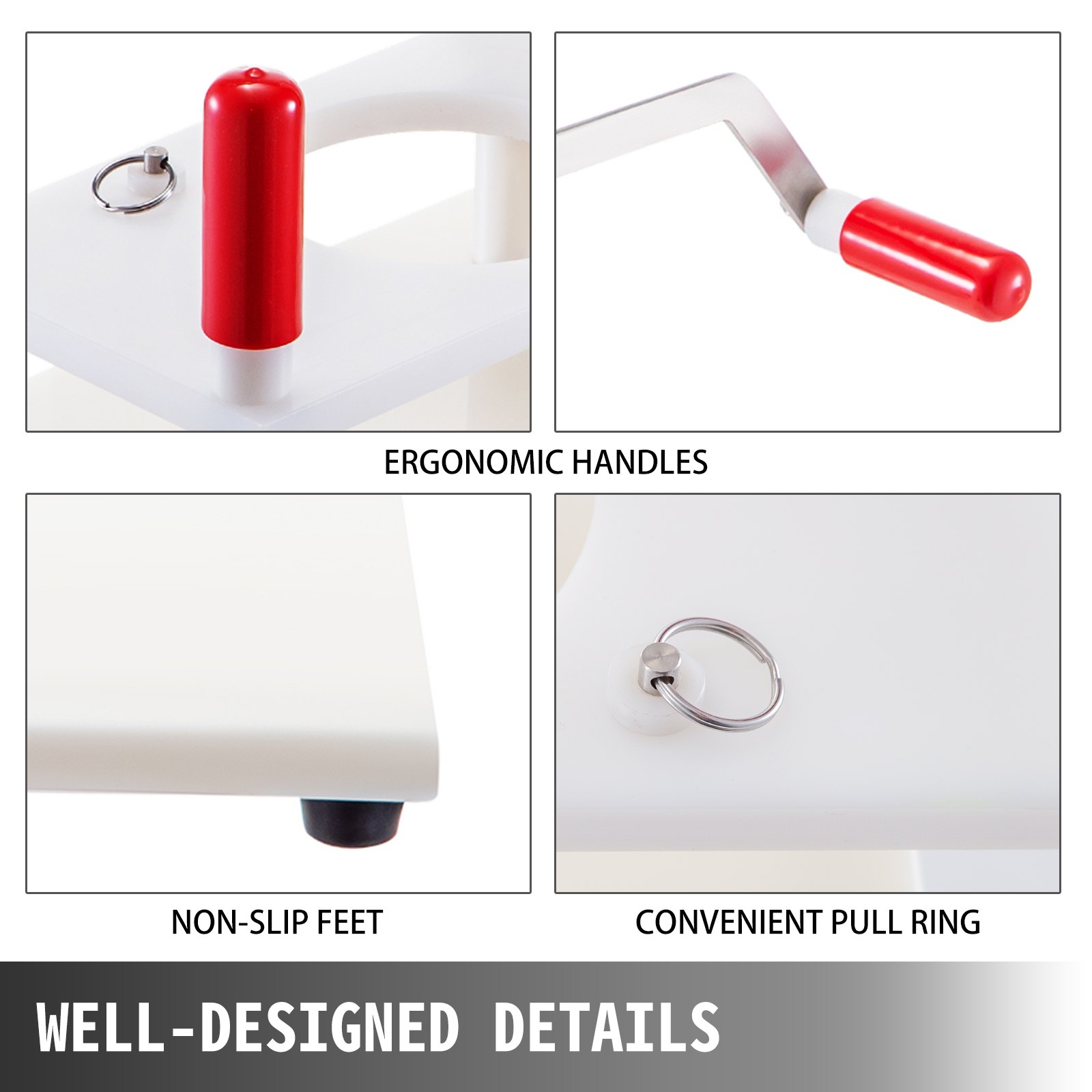 ergonomic handles, non-slip feet, and pull ring details on VEVOR burger press.