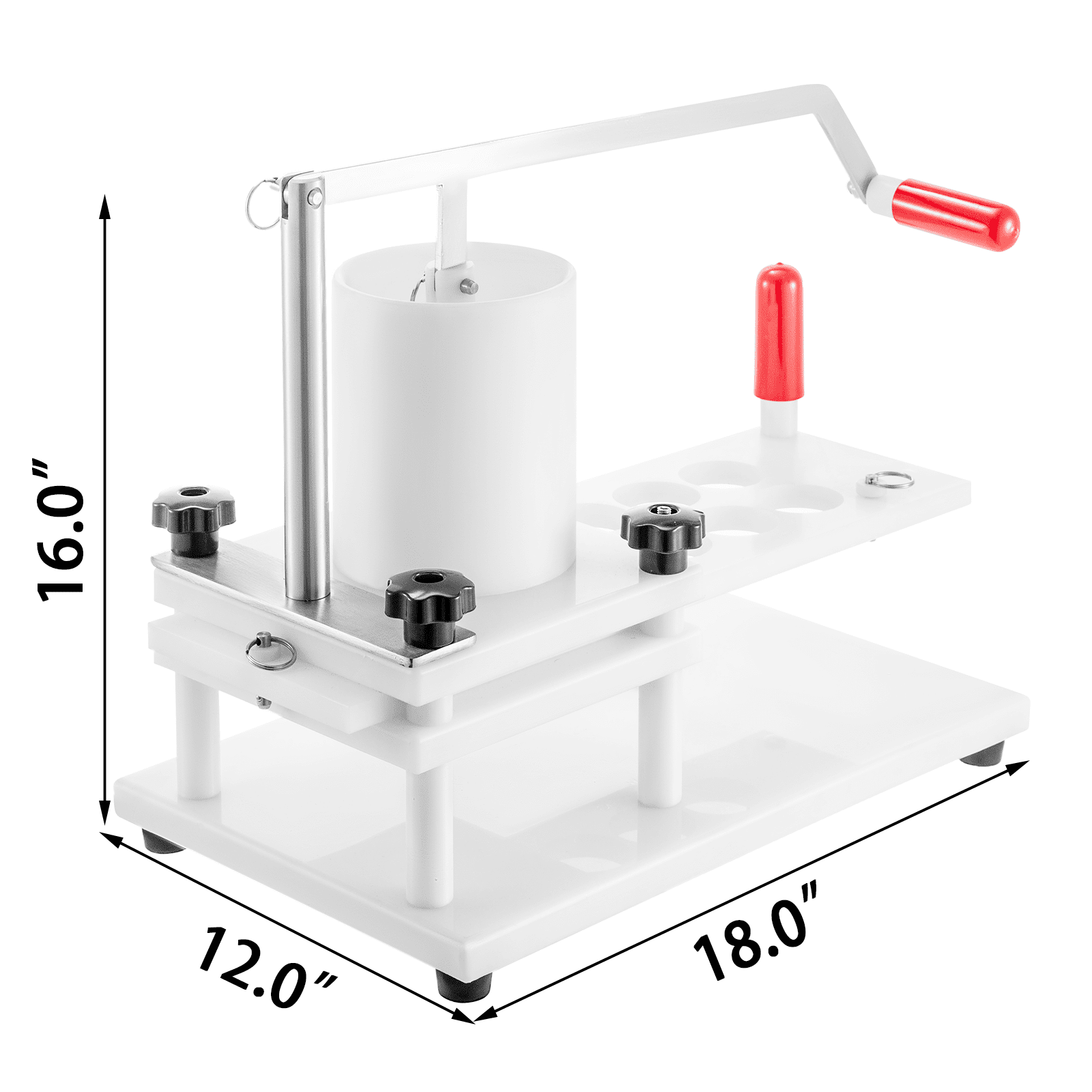 VEVOR burger press with red handle, dimensions 16&quot;h x 12&quot;w x 18&quot;d.