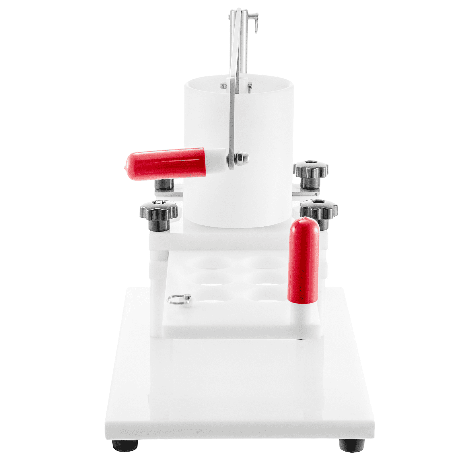 VEVOR burger press with red handles on a white base.