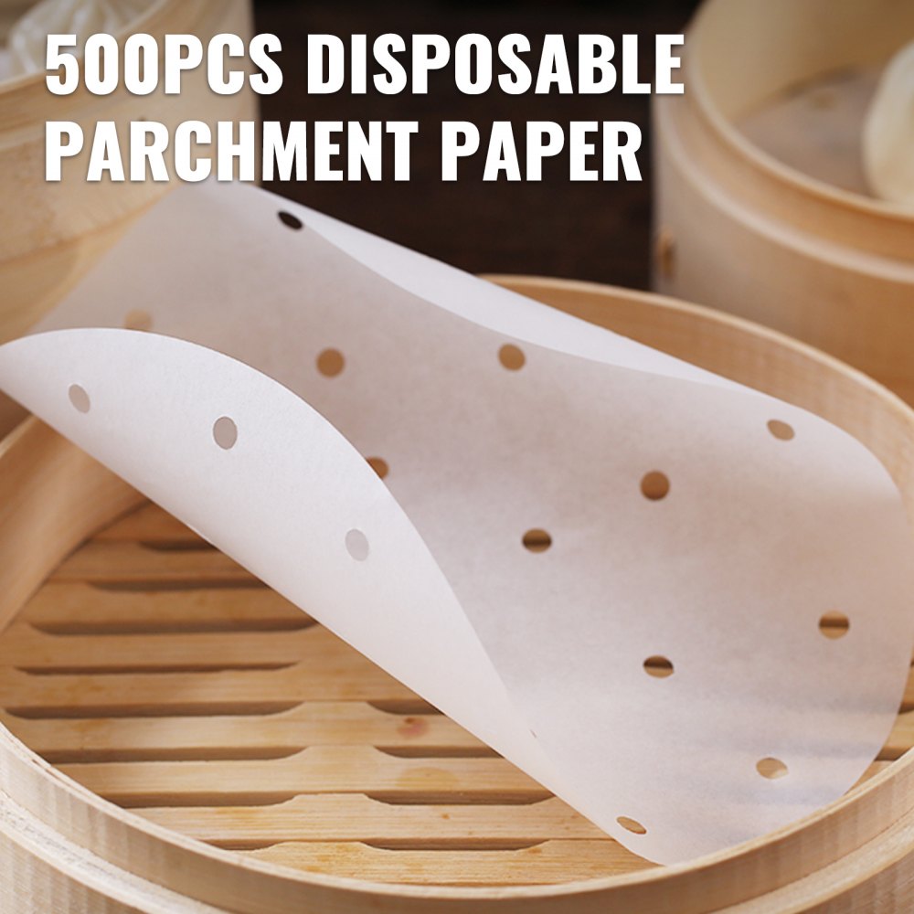 VEVOR Revestimientos de papel de vapor, 500 piezas de papel de pergamino para freidora de aire, hojas de freidora de aire de 5 pulgadas, papel de pergamino perforado redondo, papel de hamburguesa antiadherente, revestimientos de vapor de bambú para hornear cesta de vapor