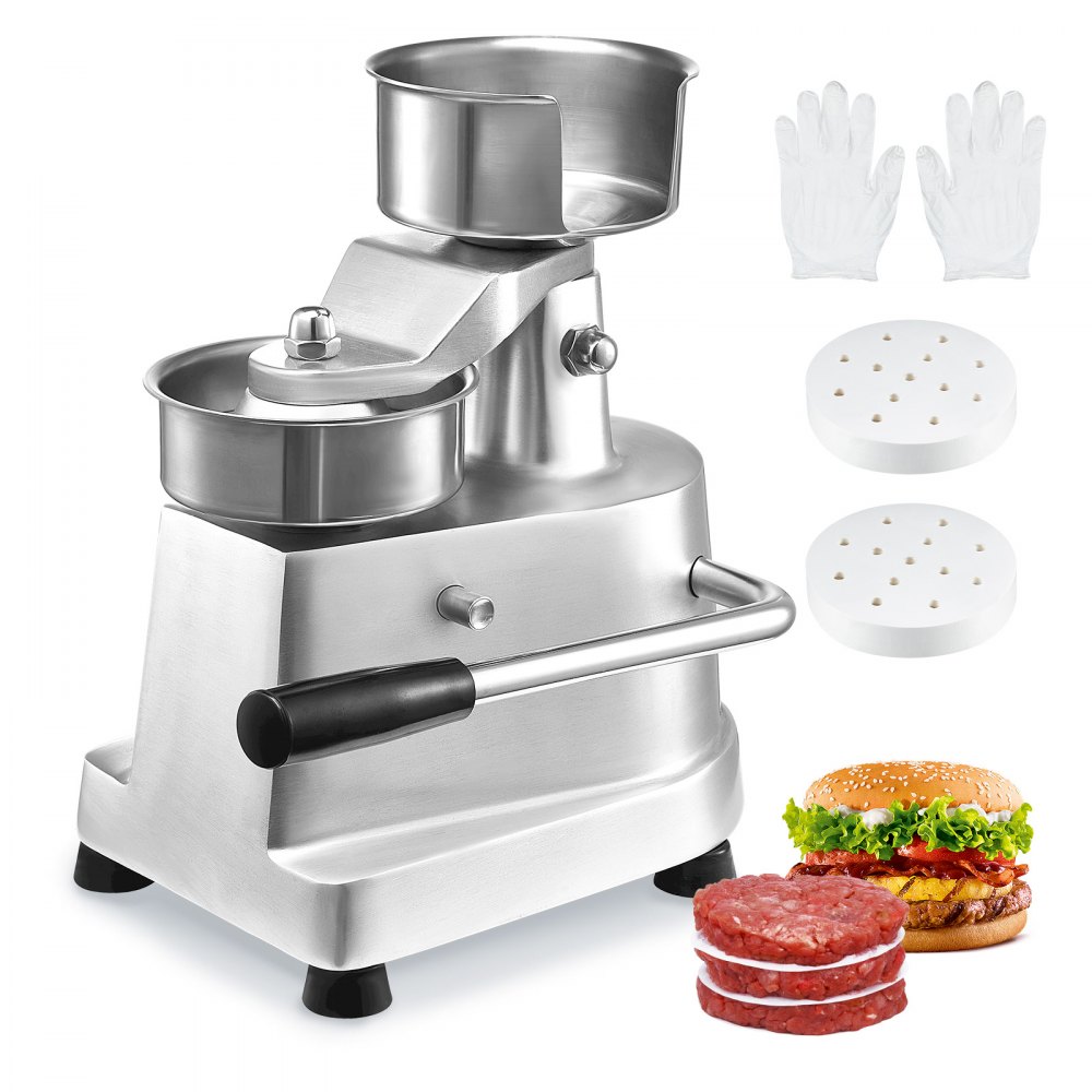 VEVOR kommersiell hamburgerbiffmaskin, 100 mm/4 tum hamburgerbiffbiffmaskin, kraftig matskål i rostfritt stål, hamburgerpressmaskin, köksmaskin för köttformning med 1000 st pattypapper