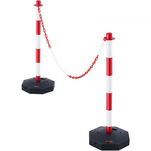 VEVOR Adjustable Traffic Delineator Post Cones, 2 Pack, Traffic Safety Delineator Barrier with Fillable Base 8FT Chain, for Traffic Control Warning Parking Lot Construction Caution Roads, Red & White