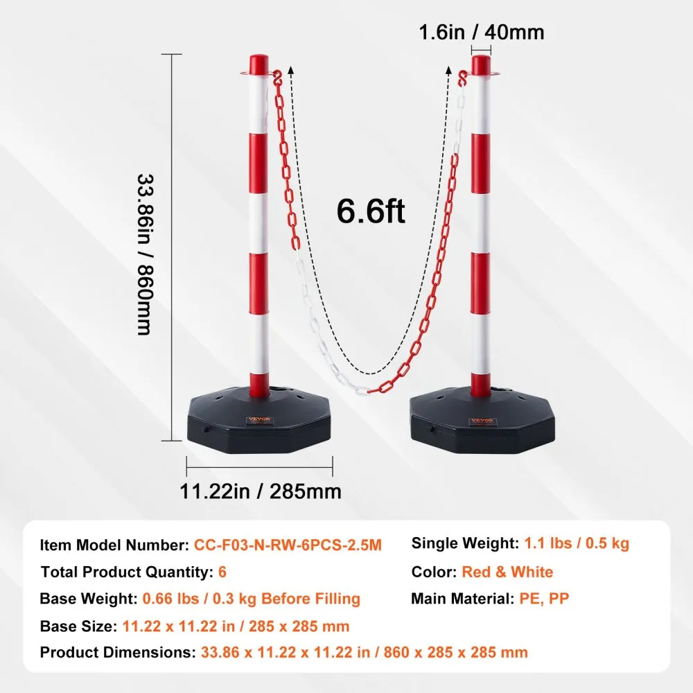 VEVOR traffic delineator post, red and white, 33.86in height, 11.22in base, connected by chains.