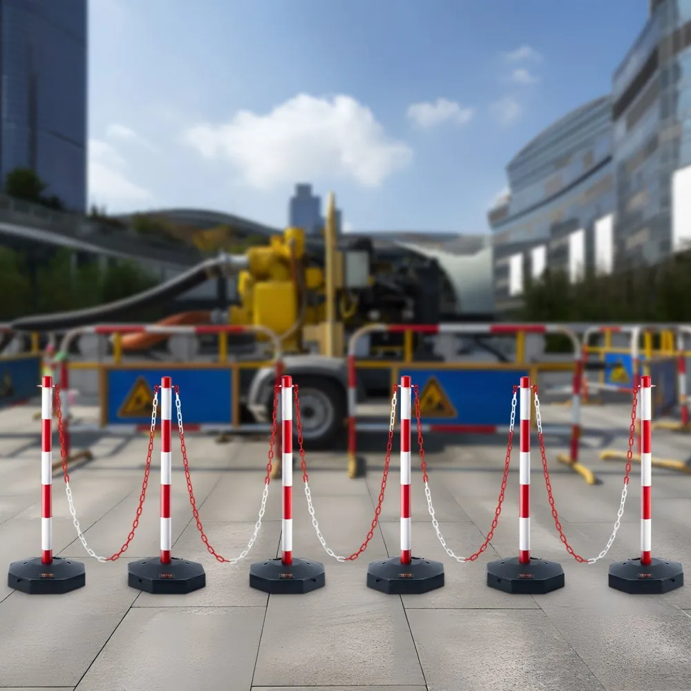 VEVOR traffic delineator post set with red and white striped posts, chains, and industrial background.