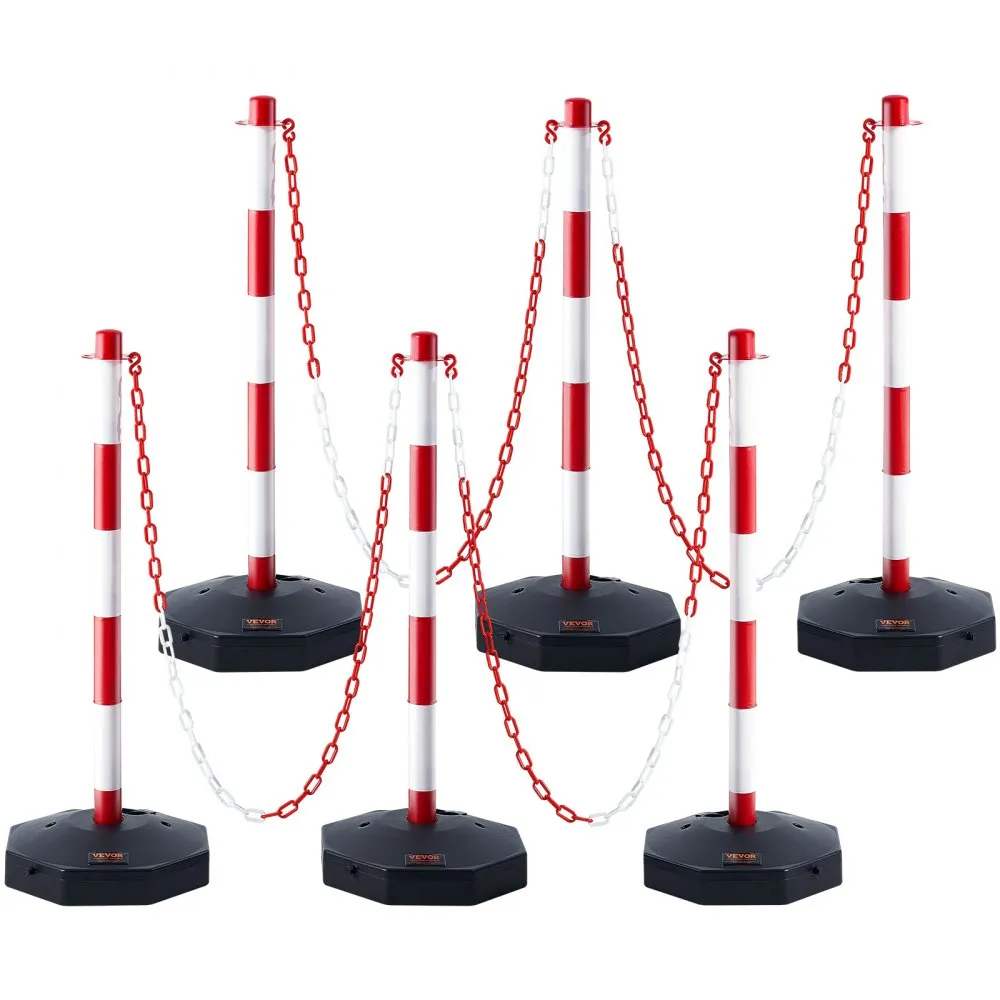 VEVOR traffic delineator posts with red and white chains, black bases, and red caps arranged in a row.