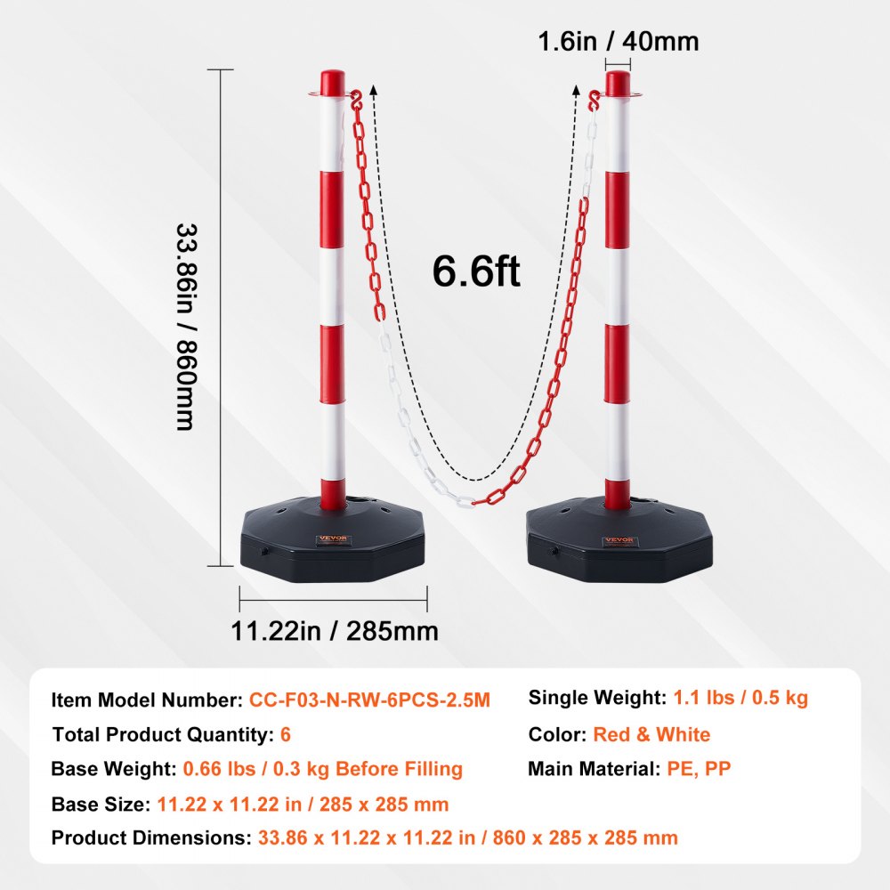 VEVOR Adjustable Traffic Delineator Post Cones, 6 Pack, Traffic Safety Delineator Barrier with Fillable Base 2 m Chain, for Traffic Control Warning Parking Lot Construction Caution Roads, Red & White
