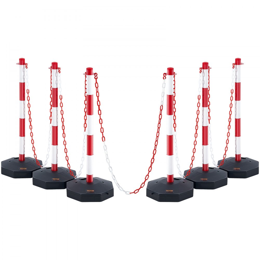 VEVOR Adjustable Traffic Delineator Post Cones, 6 Pack, Traffic Safety Delineator Barrier with Fillable Base 2 m Chain, for Traffic Control Warning Parking Lot Construction Caution Roads, Red & White