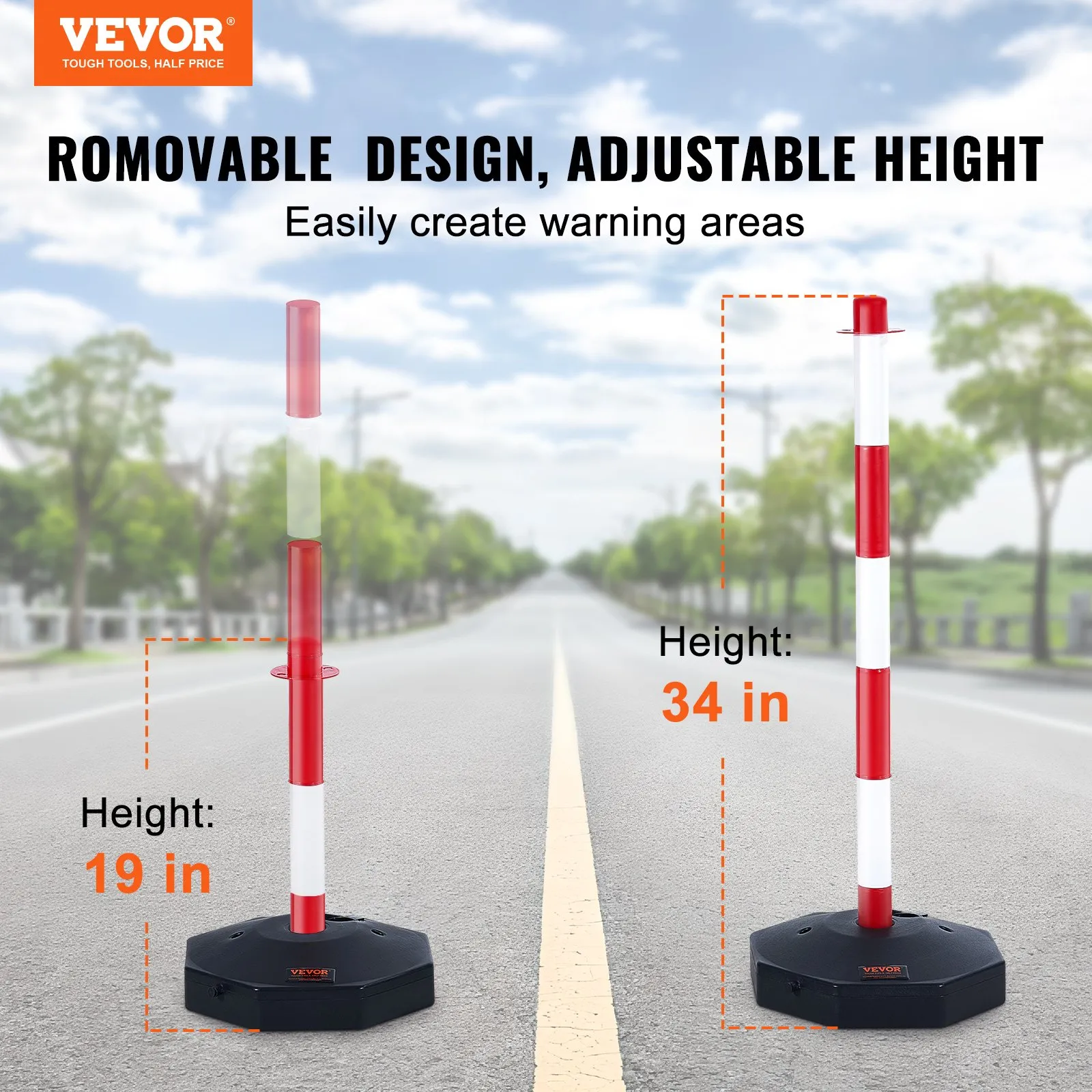 VEVOR traffic delineator post with adjustable height, 19 inches and 34 inches, on a sunny road.