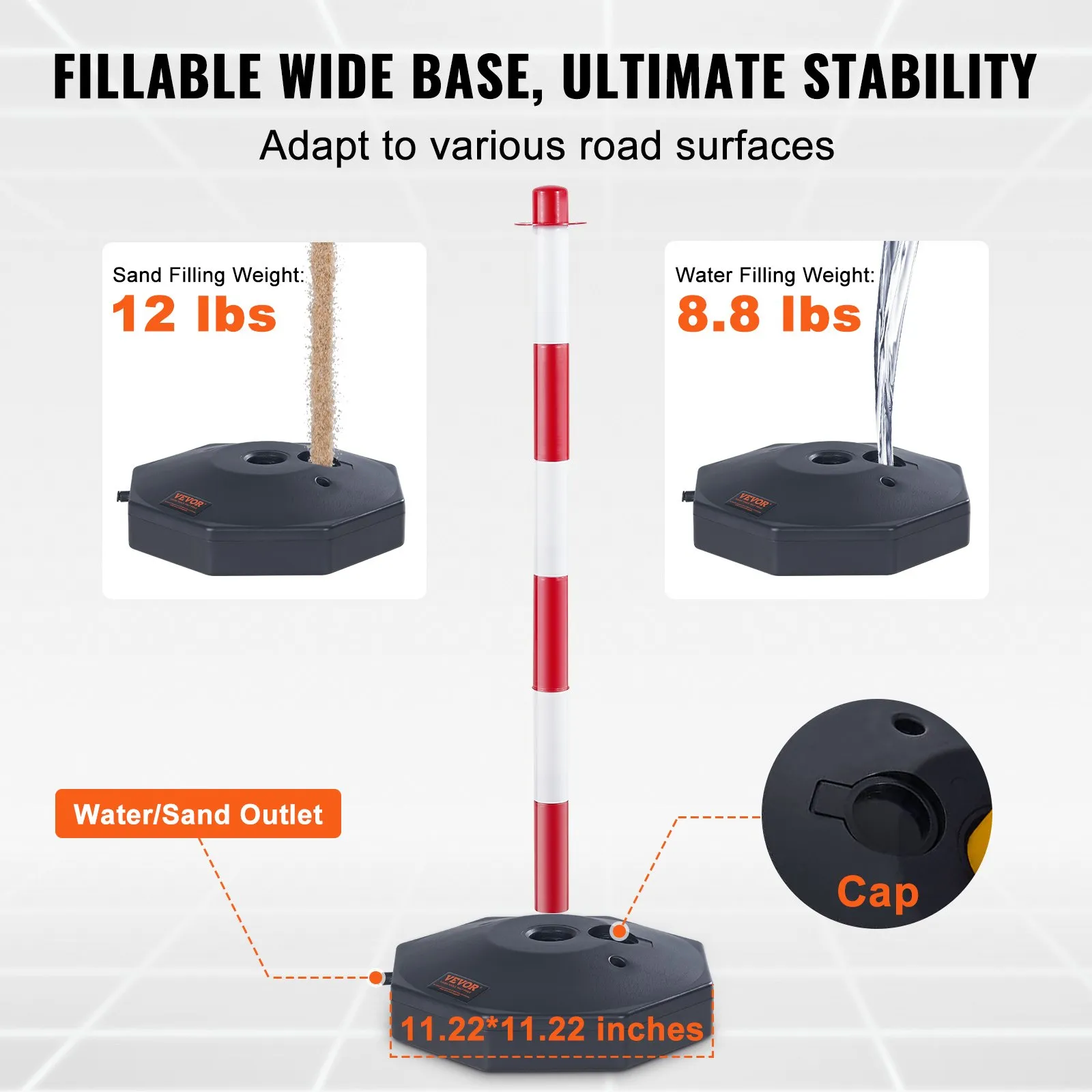 VEVOR traffic delineator post with fillable wide base for sand (12 lbs) or water (8.8 lbs).