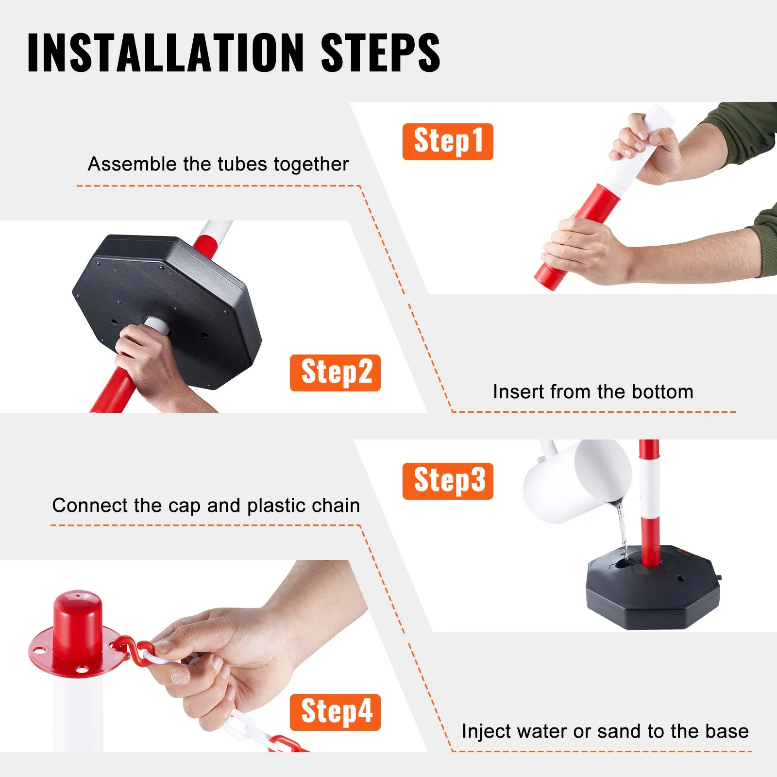 installation steps for VEVOR traffic delineator post: assemble tubes, insert bottom, connect cap and chain, add weight.