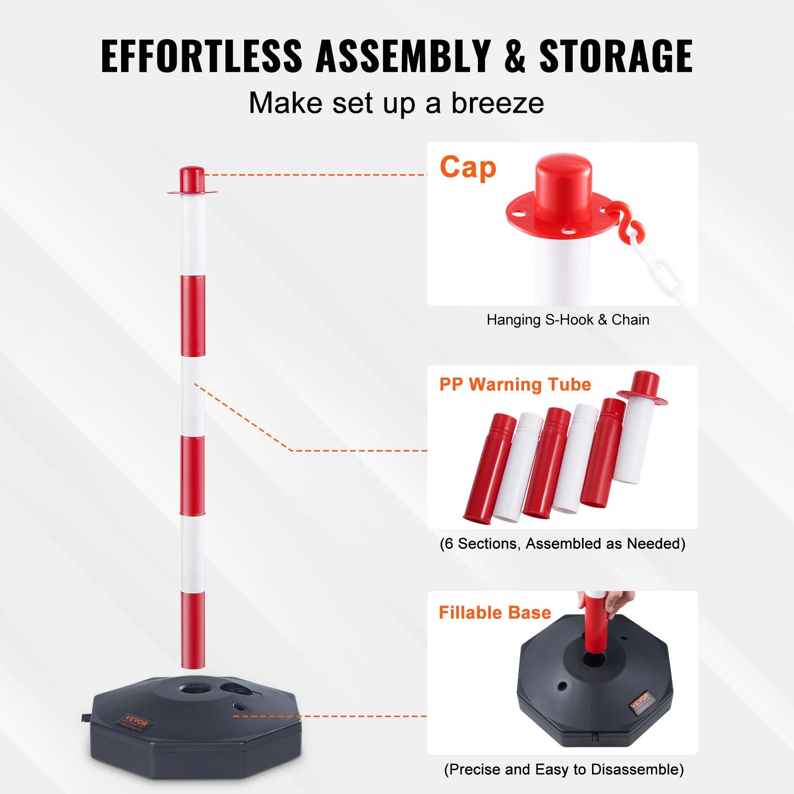 VEVOR traffic delineator post with cap, pp warning tube, and fillable base for effortless assembly.