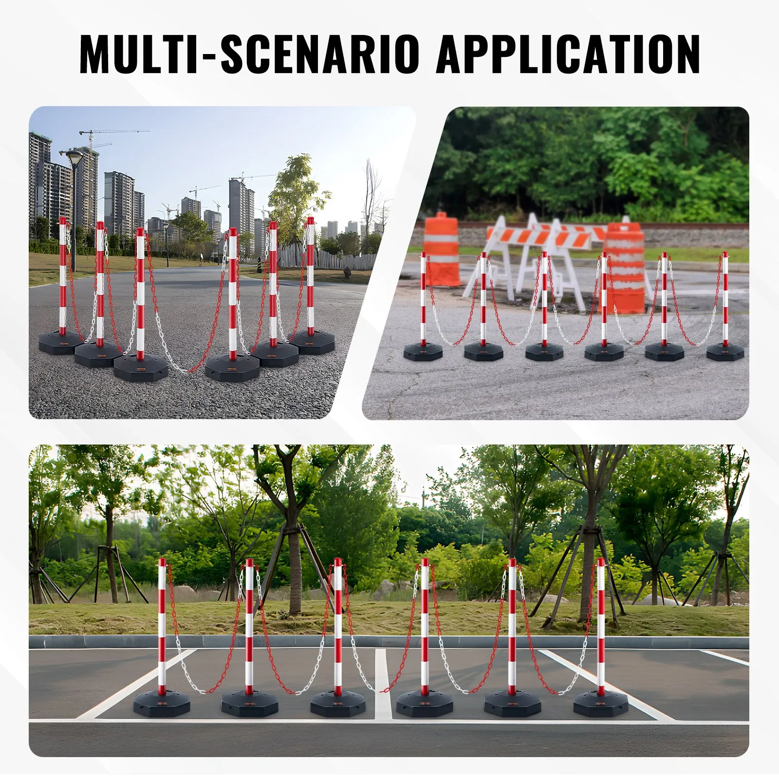 VEVOR traffic delineator post in various outdoor settings showcasing versatile application.