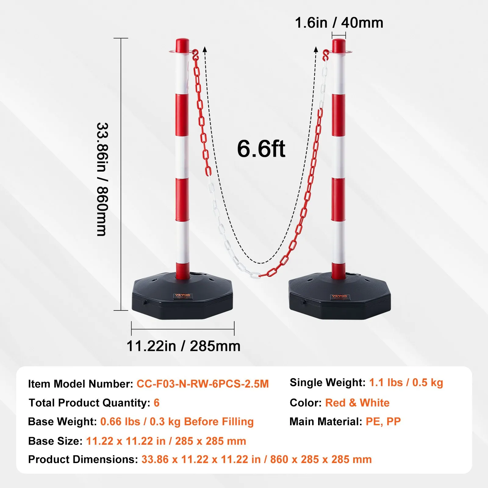 VEVOR traffic delineator post, red and white, 33.86in height, 11.22in base, connected by chains.