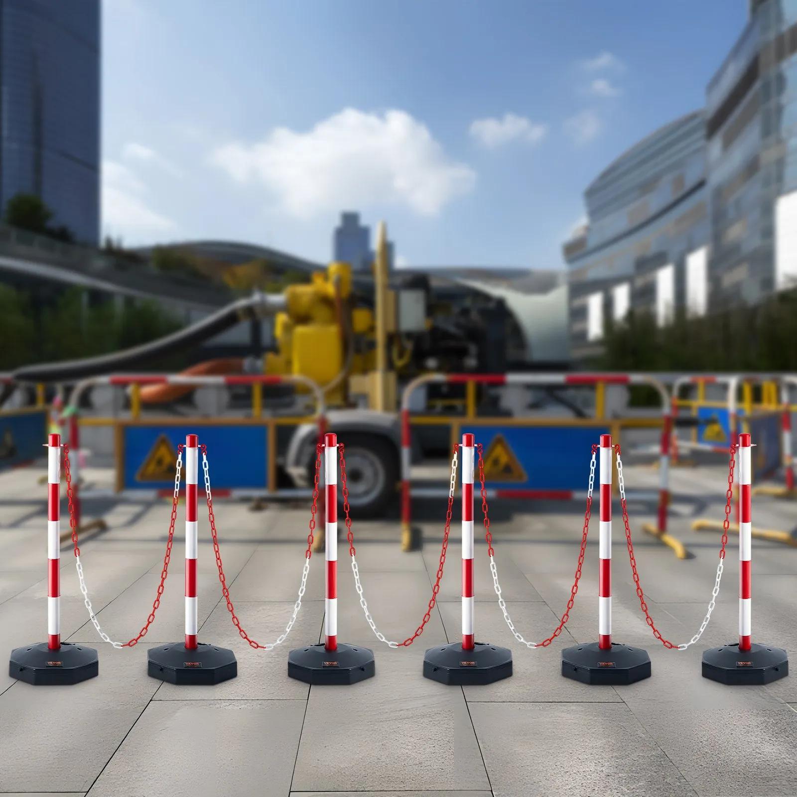 VEVOR traffic delineator post set with red and white striped posts, chains, and industrial background.