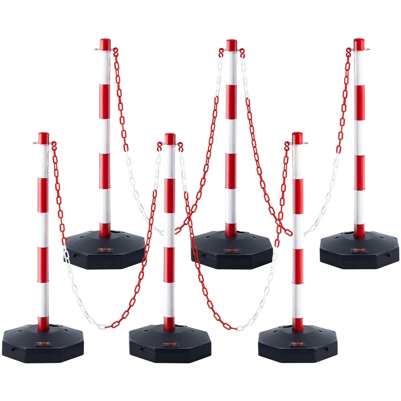 red and white VEVOR traffic delineator posts with interconnected plastic chains on black bases.