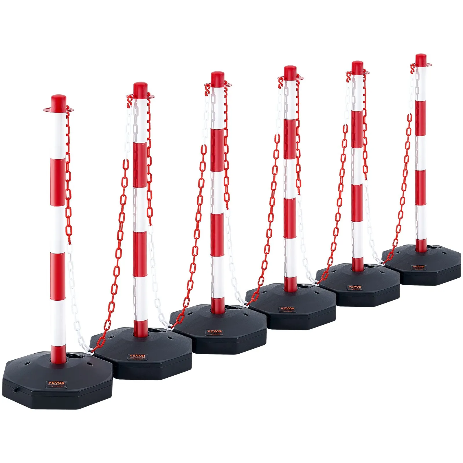 six red and white VEVOR traffic delineator posts connected with chains on black bases.