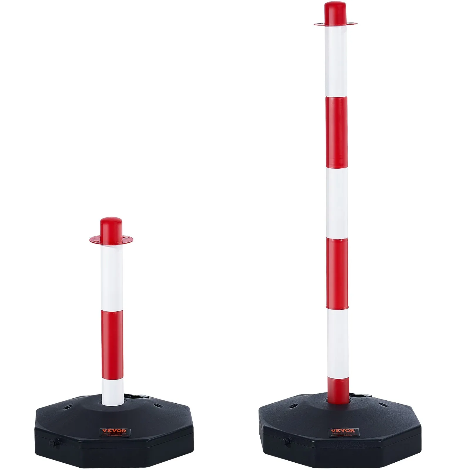 red and white VEVOR traffic delineator posts on black bases in two different heights.