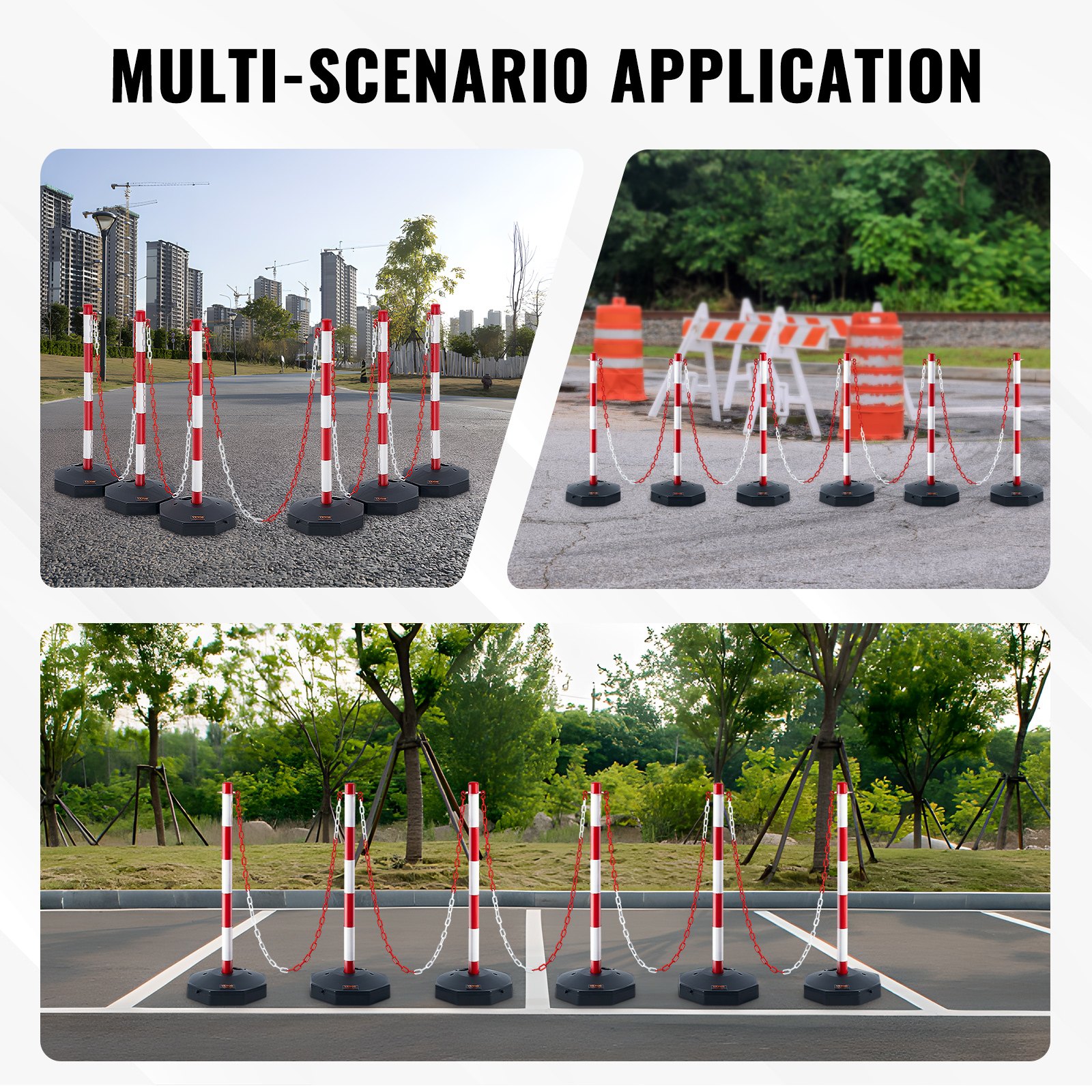 VEVOR Adjustable Traffic Delineator Post Cones, 6 Pack, Traffic Safety Delineator Barrier with Fillable Base 2 m Chain, for Traffic Control Warning Parking Lot Construction Caution Roads, Red & White