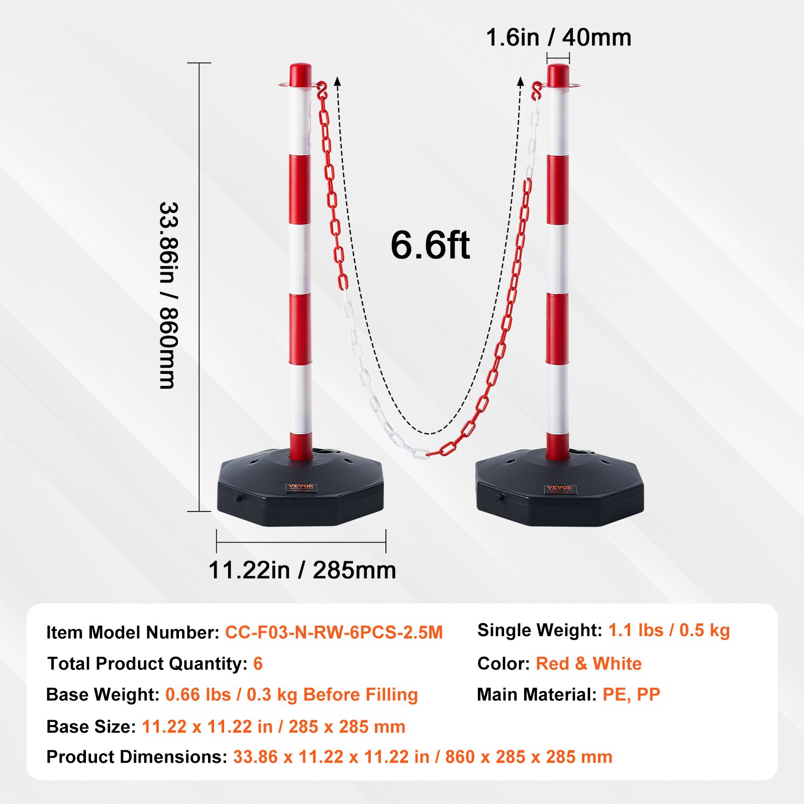 VEVOR Adjustable Traffic Delineator Post Cones, 6 Pack, Traffic Safety Delineator Barrier with Fillable Base 2 m Chain, for Traffic Control Warning Parking Lot Construction Caution Roads, Red & White
