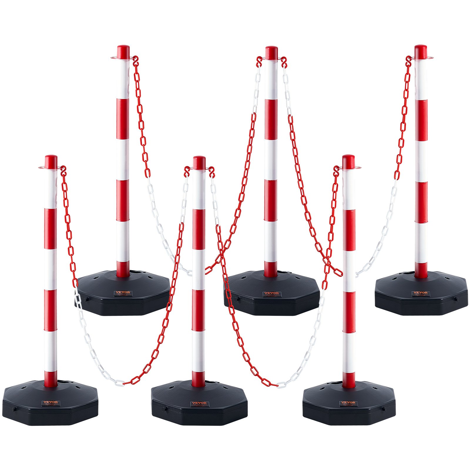 VEVOR Adjustable Traffic Delineator Post Cones, 6 Pack, Traffic Safety Delineator Barrier with Fillable Base 2 m Chain, for Traffic Control Warning Parking Lot Construction Caution Roads, Red & White