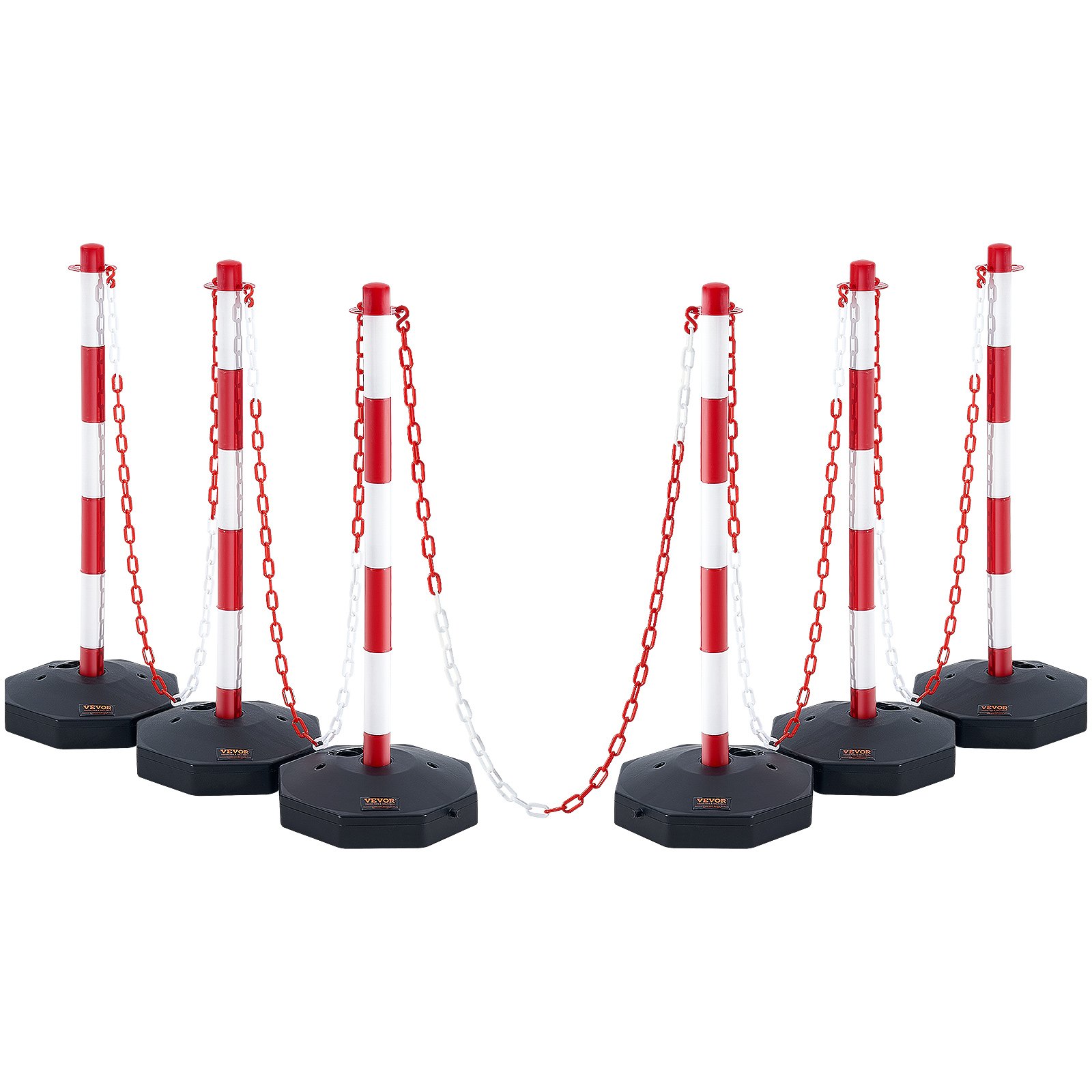 VEVOR Adjustable Traffic Delineator Post Cones, 6 Pack, Traffic Safety Delineator Barrier with Fillable Base 2 m Chain, for Traffic Control Warning Parking Lot Construction Caution Roads, Red & White