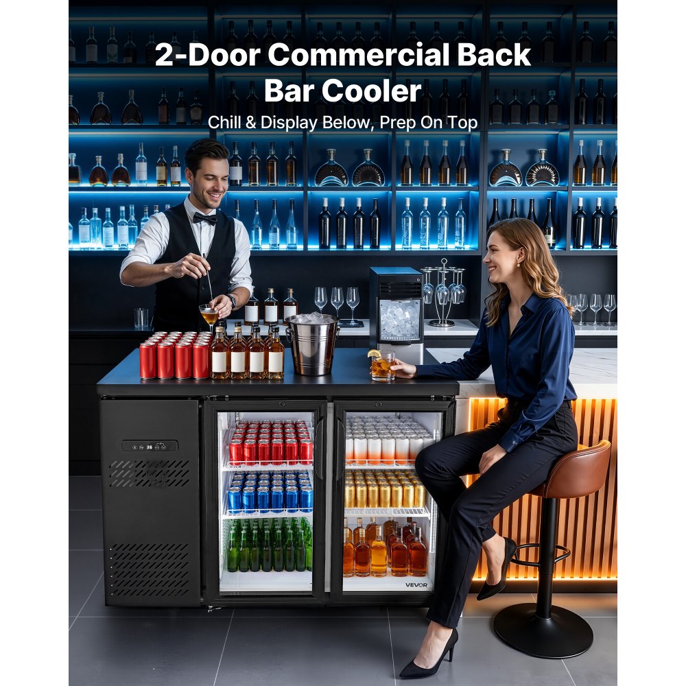 VEVOR Back Bar Cooler, 11.8 Cu. Ft Counter Height Beverage Refrigerator, Commercial Display Fridge w/ 2 Glass Doors, LED Lighting, Shelves, Fan Cooling Beer Wine Cooler for Pub, Merchandiser, Office