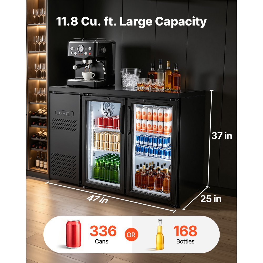 VEVOR Back Bar Cooler, 11.8 Cu. Ft Counter Height Beverage Refrigerator, Commercial Display Fridge w/ 2 Glass Doors, LED Lighting, Shelves, Fan Cooling Beer Wine Cooler for Pub, Merchandiser, Office