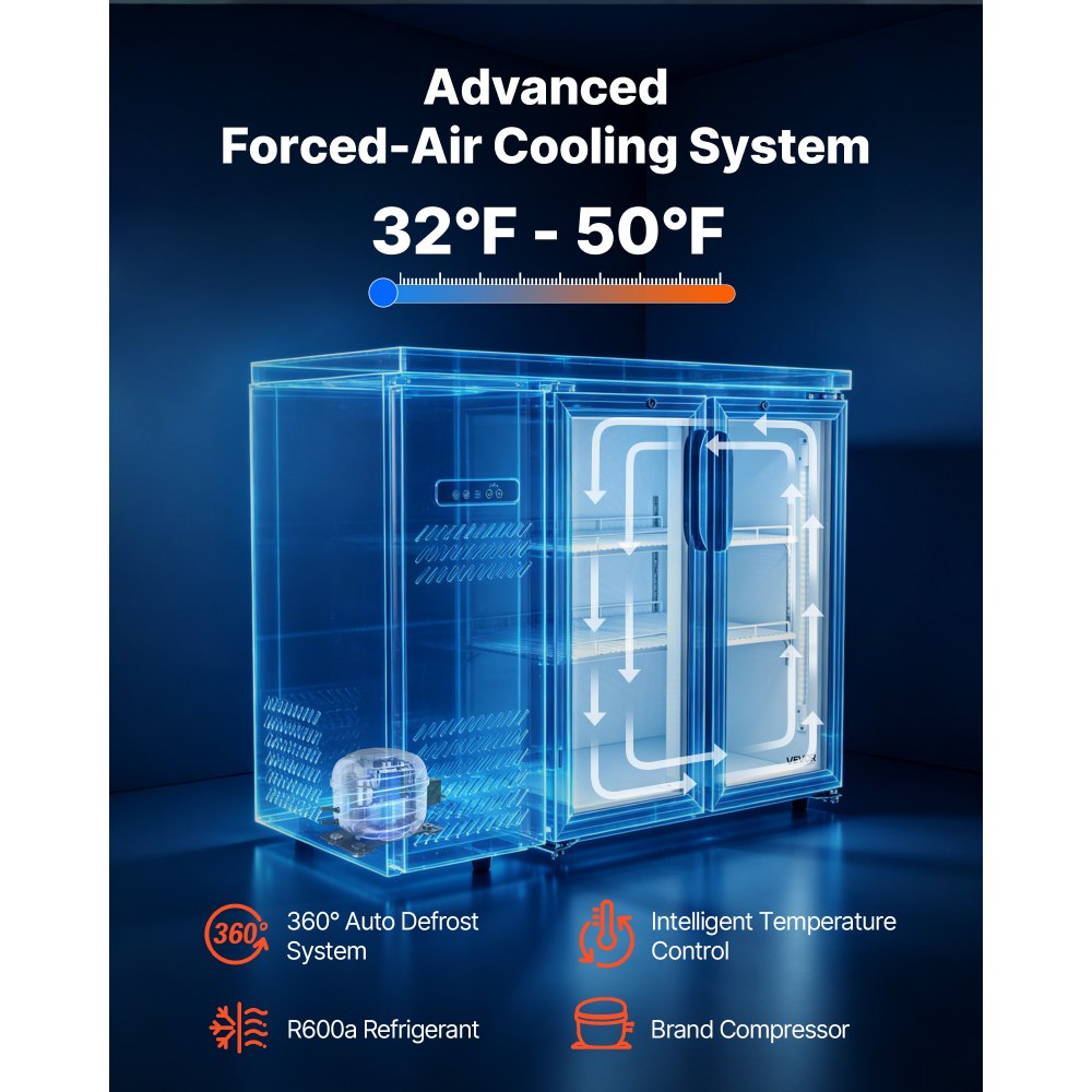 VEVOR Back Bar Cooler, 11.8 Cu. Ft Counter Height Beverage Refrigerator, Commercial Display Fridge w/ 2 Glass Doors, LED Lighting, Shelves, Fan Cooling Beer Wine Cooler for Pub, Merchandiser, Office