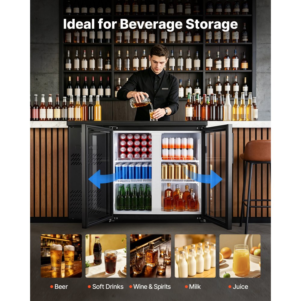 VEVOR Back Bar Cooler, 11.8 Cu. Ft Counter Height Beverage Refrigerator, Commercial Display Fridge w/ 2 Glass Doors, LED Lighting, Shelves, Fan Cooling Beer Wine Cooler for Pub, Merchandiser, Office