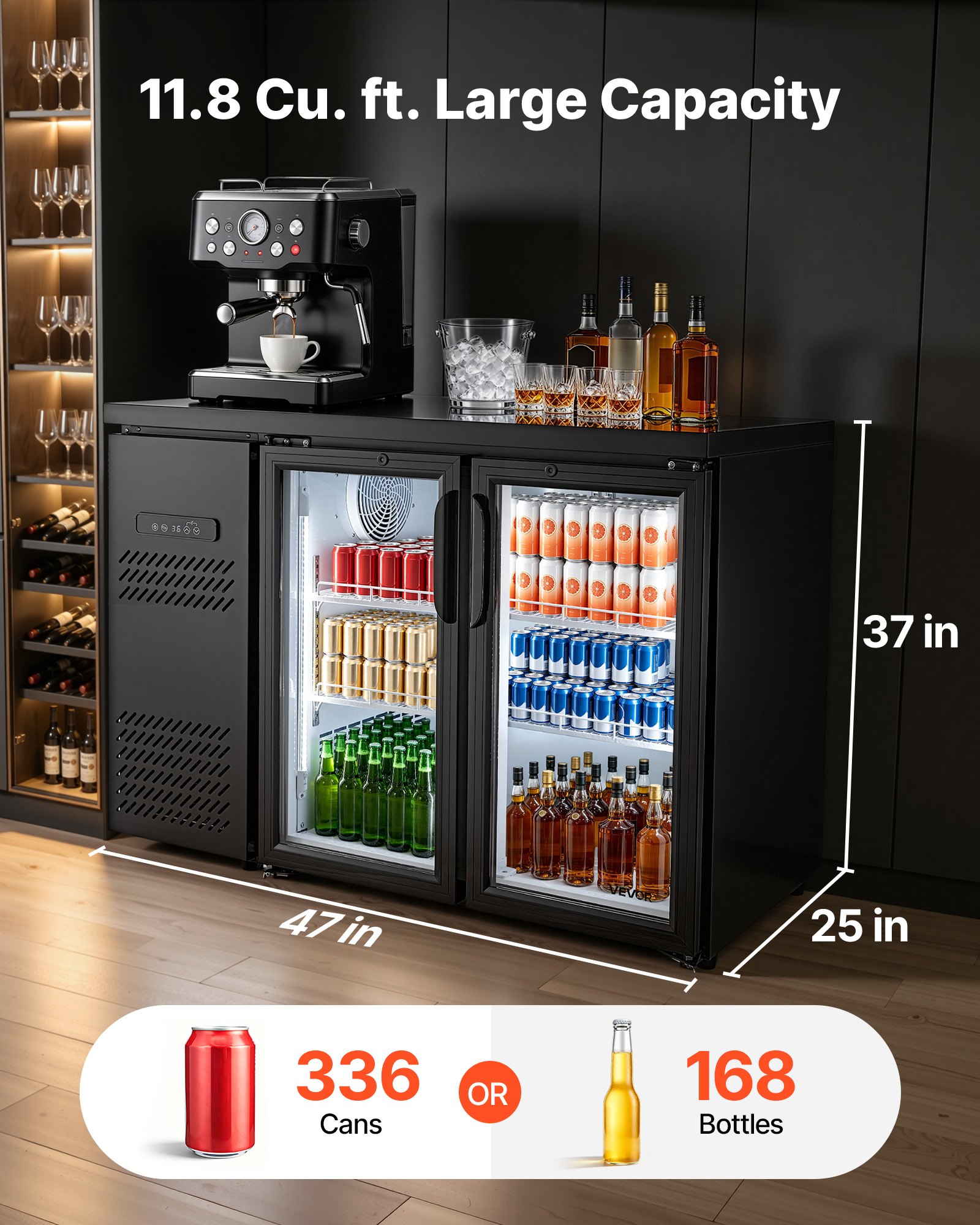 VEVOR Back Bar Cooler, 11.8 Cu. Ft Counter Height Beverage Refrigerator, Commercial Display Fridge w/ 2 Glass Doors, LED Lighting, Shelves, Fan Cooling Beer Wine Cooler for Pub, Merchandiser, Office