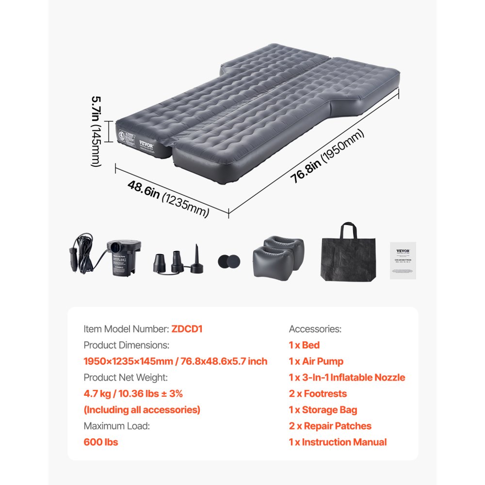 VEVOR Car Air Mattress, Inflatable Car Camping Mattress, Oxford Thickened Travel Beds, Comfortable and Durable Portable Sleeping Pad with Air Pump, Nozzle, Carry Bag, Fits Most SUV MPV Sedan, Gray