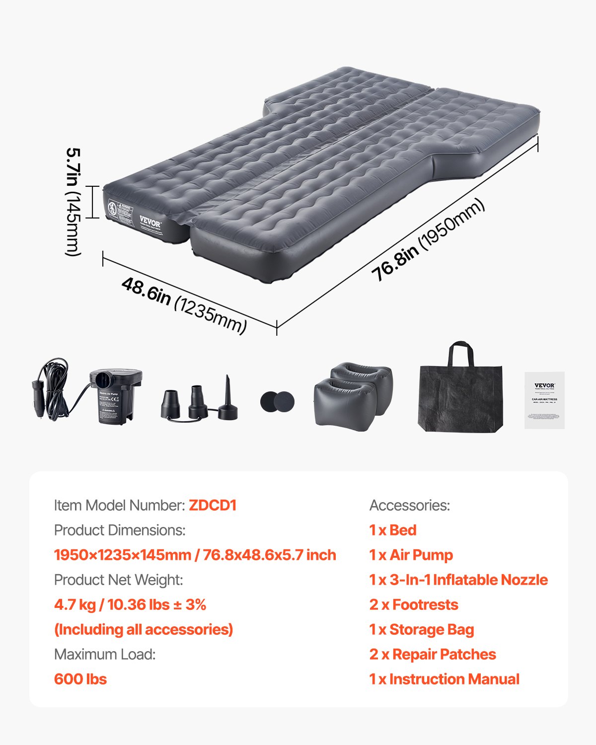 VEVOR Car Air Mattress, Inflatable Car Camping Mattress, Oxford Thickened Travel Beds, Comfortable and Durable Portable Sleeping Pad with Air Pump, Nozzle, Carry Bag, Fits Most SUV MPV Sedan, Gray