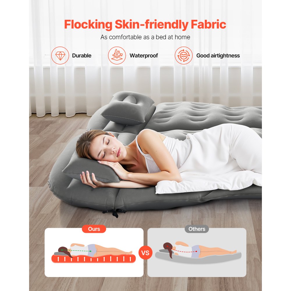 VEVOR Car Air Mattress, Inflatable Car Camping Mattress, Flocking Thickened Travel Beds, Comfortable and Durable Portable Sleeping Pad with Air Pump, Nozzle, Carry Bag, Fits Most SUV MPV Sedan, Gray