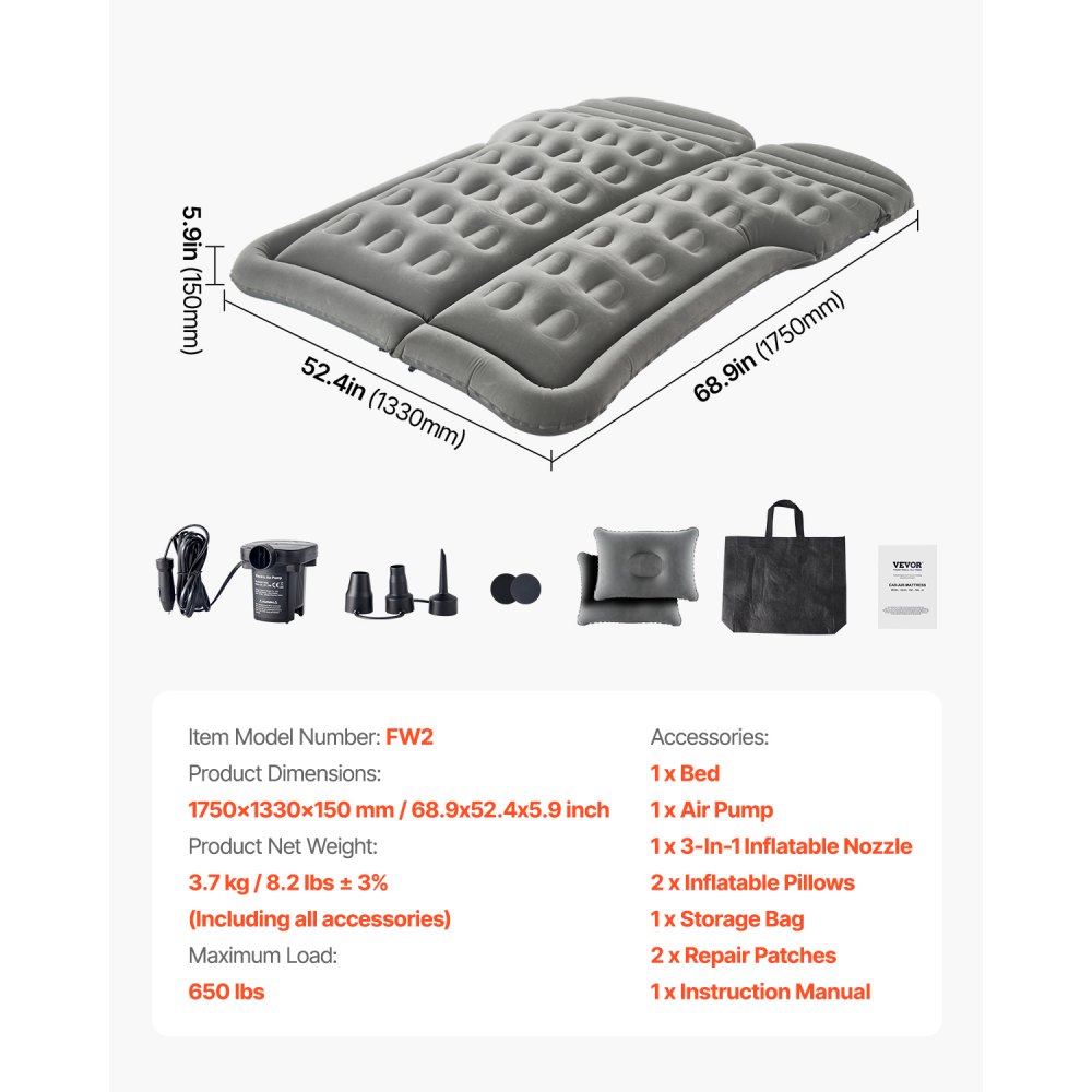 VEVOR Car Air Mattress, Inflatable Car Camping Mattress, Flocking Thickened Travel Beds, Comfortable and Durable Portable Sleeping Pad with Air Pump, Nozzle, Carry Bag, Fits Most SUV MPV Sedan, Gray