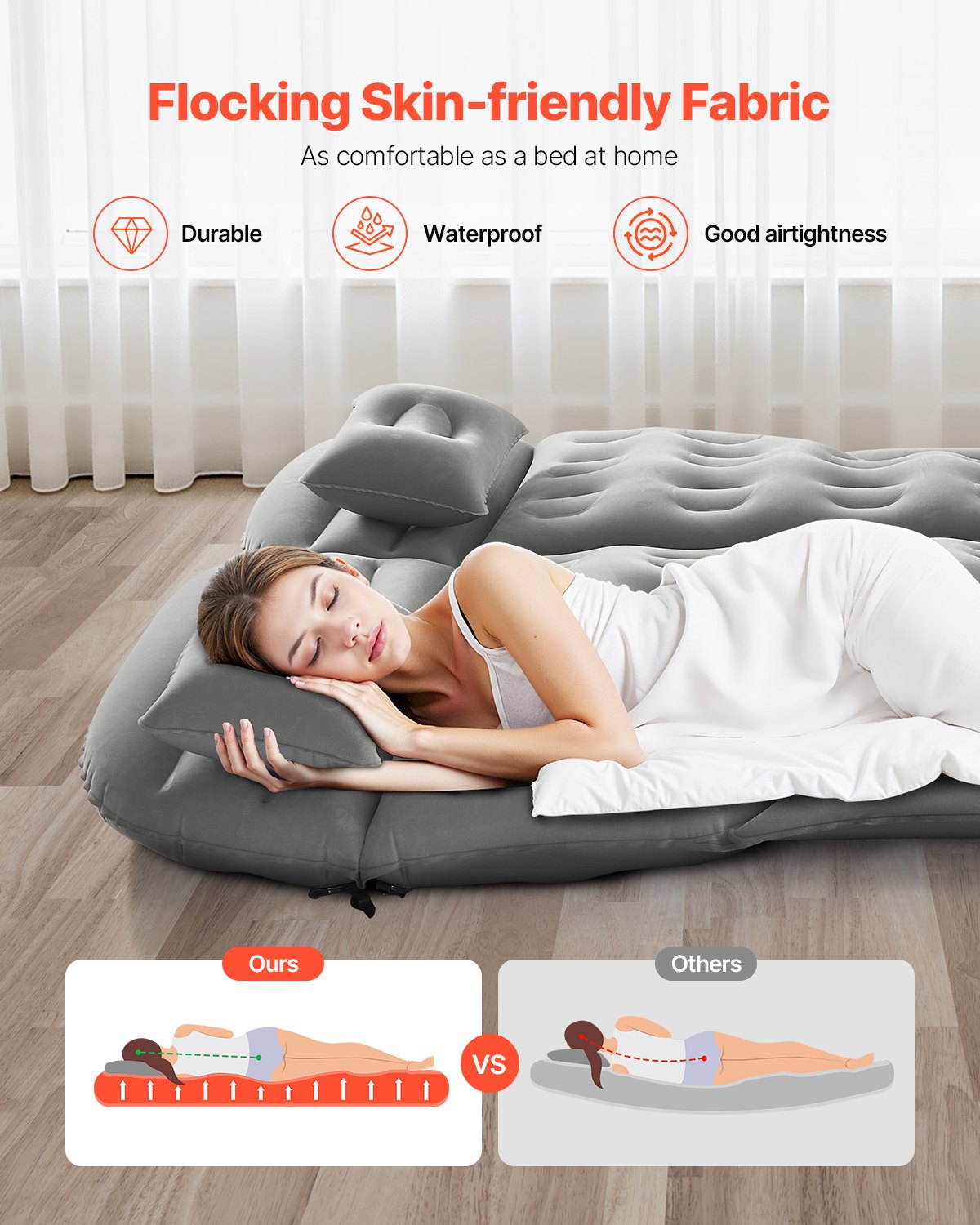 VEVOR Car Air Mattress, Inflatable Car Camping Mattress, Flocking Thickened Travel Beds, Comfortable and Durable Portable Sleeping Pad with Air Pump, Nozzle, Carry Bag, Fits Most SUV MPV Sedan, Gray