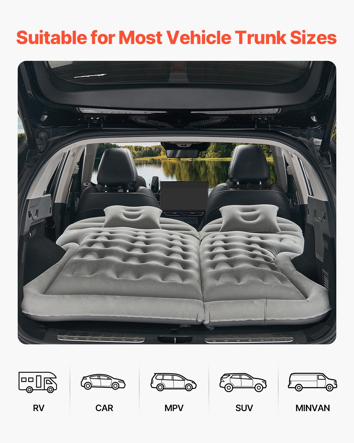 VEVOR Car Air Mattress, Inflatable Car Camping Mattress, Flocking Thickened Travel Beds, Comfortable and Durable Portable Sleeping Pad with Air Pump, Nozzle, Carry Bag, Fits Most SUV MPV Sedan, Gray