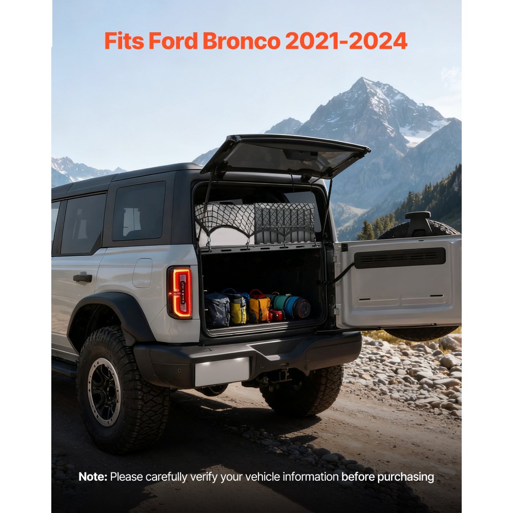 VEVOR Rear Trunk Cargo Rack with Net for 2021-2024 Ford Bronco 4 Door Hardtops (Exclude Bronco Sport), 300 lbs Capacity, Carbon Steel Basket Tray Interior Storage Luggage Carrier