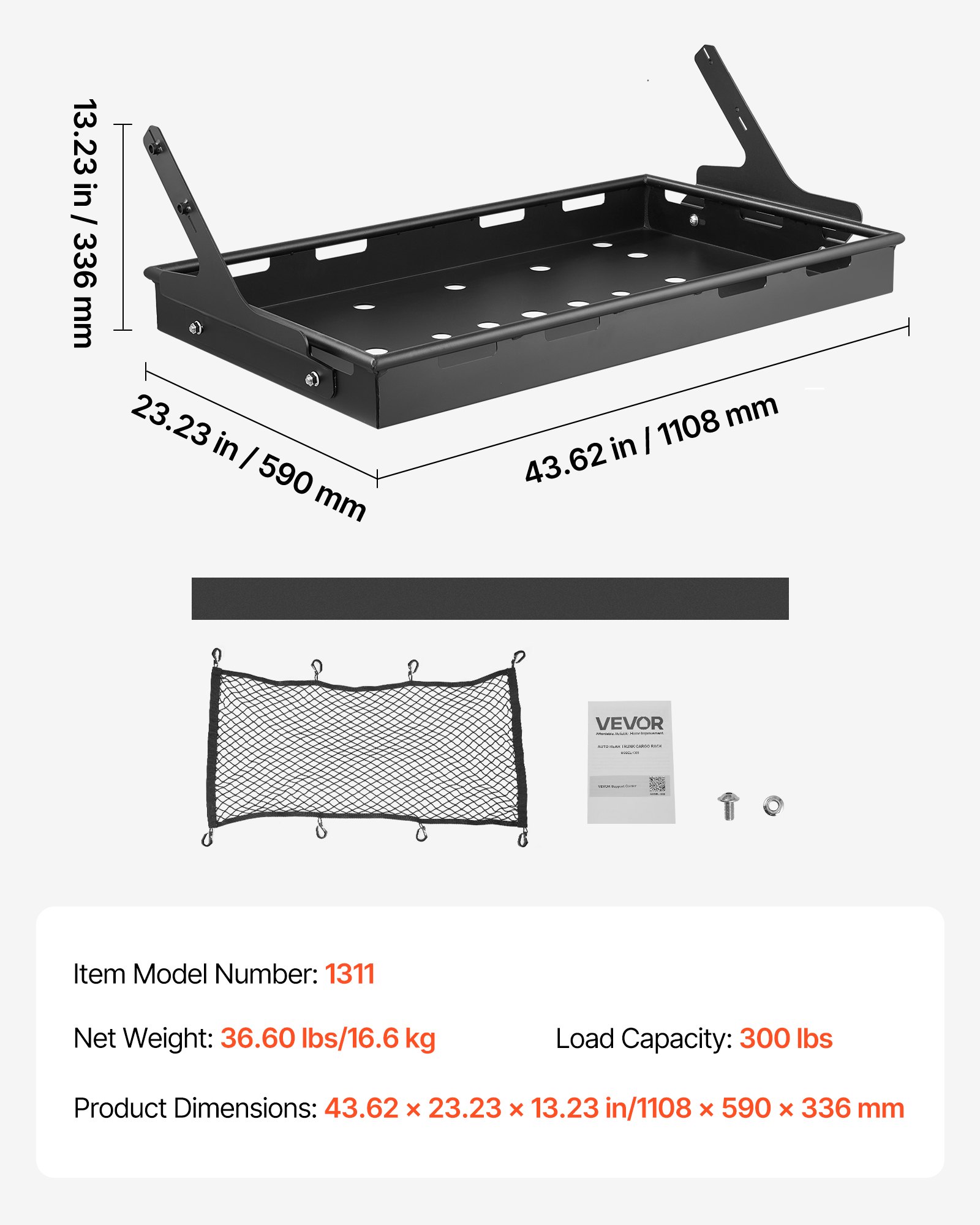 VEVOR Rear Trunk Cargo Rack, for 2018-2024 Jeep Wrangler JLU Sky One-Touch Power Top 4-Door Hardtops, 300 lbs, Carbon Steel Basket Tray Interior Storage Luggage Carrier with Net, Shelf Stand Organizer for Camping