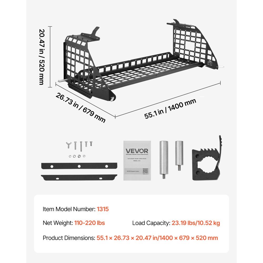 VEVOR Rear Trunk Cargo Rack, for 2010-2024 Toyota 4Runner, 220 lbs Capacity, Aluminum Alloy Basket Tray Interior Storage Luggage Carrier, Adjustable Height Shelf Stand Organizer for Camping Trip Gear