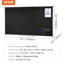 VEVOR Black Board, 70 x 40 inch Large Chalkboard with Aluminum Frame, Black Boards Dry Erase Includes 1 Magnetic Erase & 3 Dry Erase Markers, Black Surface, for Office Home and School