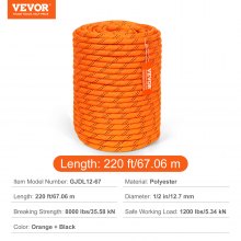 VEVOR Double Braided Polyester Rope, 1/2 in x 220 ft, 48 Strands, 8000 LBS Breaking Strength Outdoor Climbing Rope, Arborist Rigging Rope for Rock Hiking Camping Swing Rappelling Rescue, Orange/Black