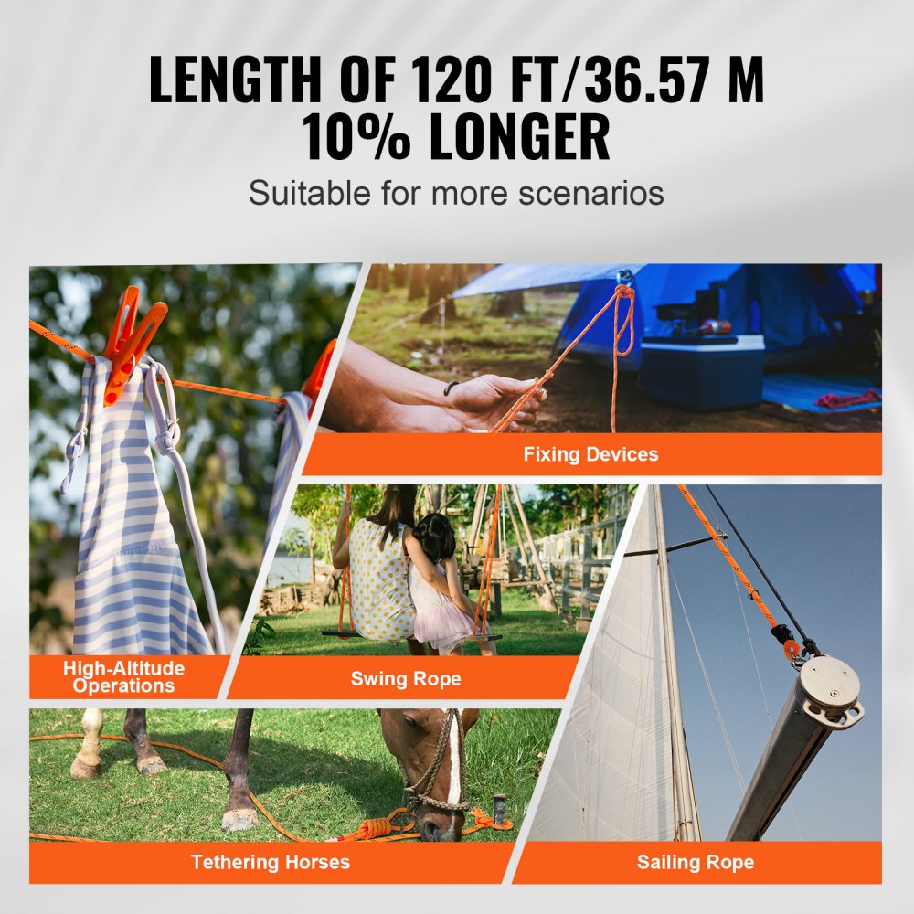 VEVOR climbing rope 120 ft, versatile for fixing devices, high-altitude operations, and forestry logging.