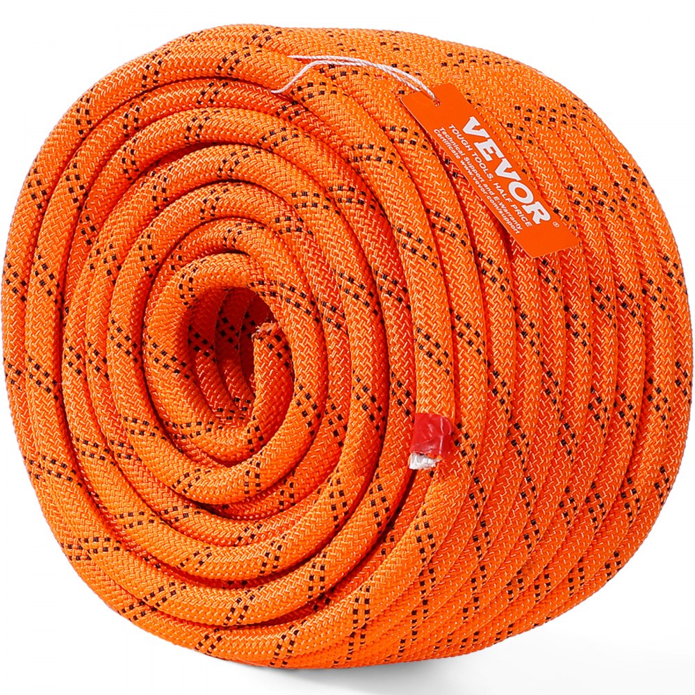 coiled orange VEVOR climbing rope with black patterns and a visible VEVOR brand tag.