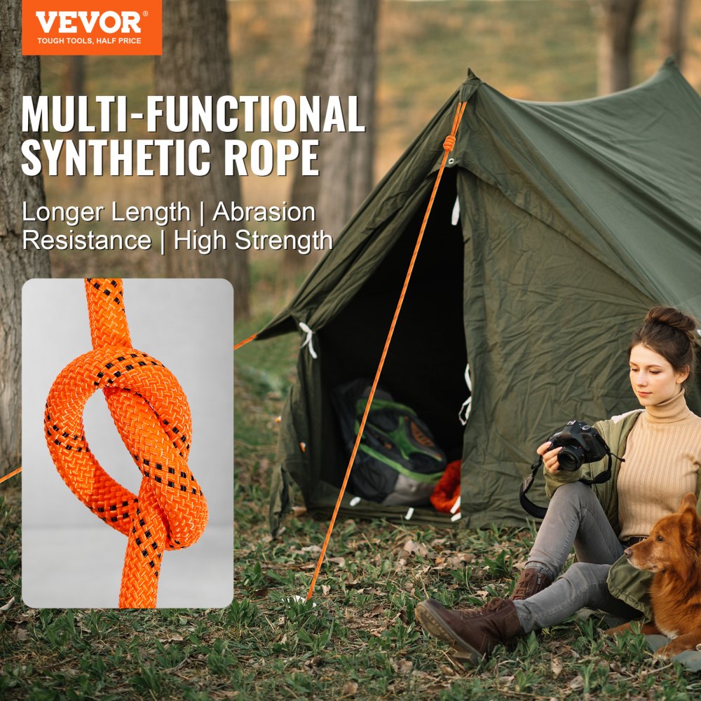 VEVOR Dual Twisted Polyester Cord, 1/2 inch by 120 feet, 48-Strand, 8000 LBS Tensile Strength, Multi-Use Outdoor Rope for Arborist Activities, Hiking, Swinging, Rappelling, and Rescue, Or