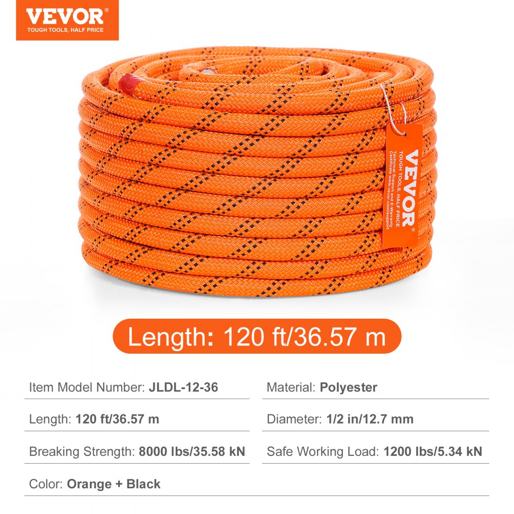 VEVOR Dual Twisted Polyester Cord, 1/2 inch by 120 feet, 48-Strand, 8000 LBS Tensile Strength, Multi-Use Outdoor Rope for Arborist Activities, Hiking, Swinging, Rappelling, and Rescue, Or