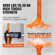 VEVOR Double Braided Polyester Rope, 1/2 in x 120 ft, 48 Strands, 8000 LBS Breaking Strength Outdoor Climbing Rope, Arborist Rigging Rope for Rock Hiking Camping Swing Rappelling Rescue, Orange/Black