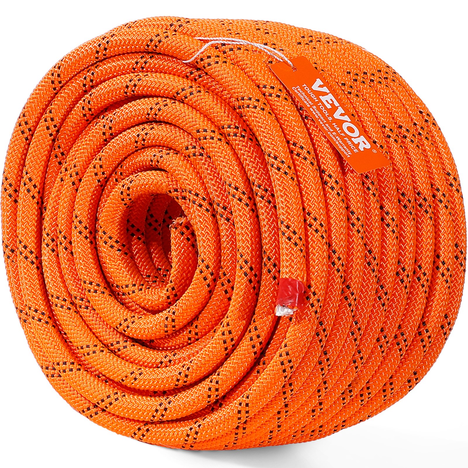 coiled orange VEVOR climbing rope with black patterns and a visible VEVOR brand tag.