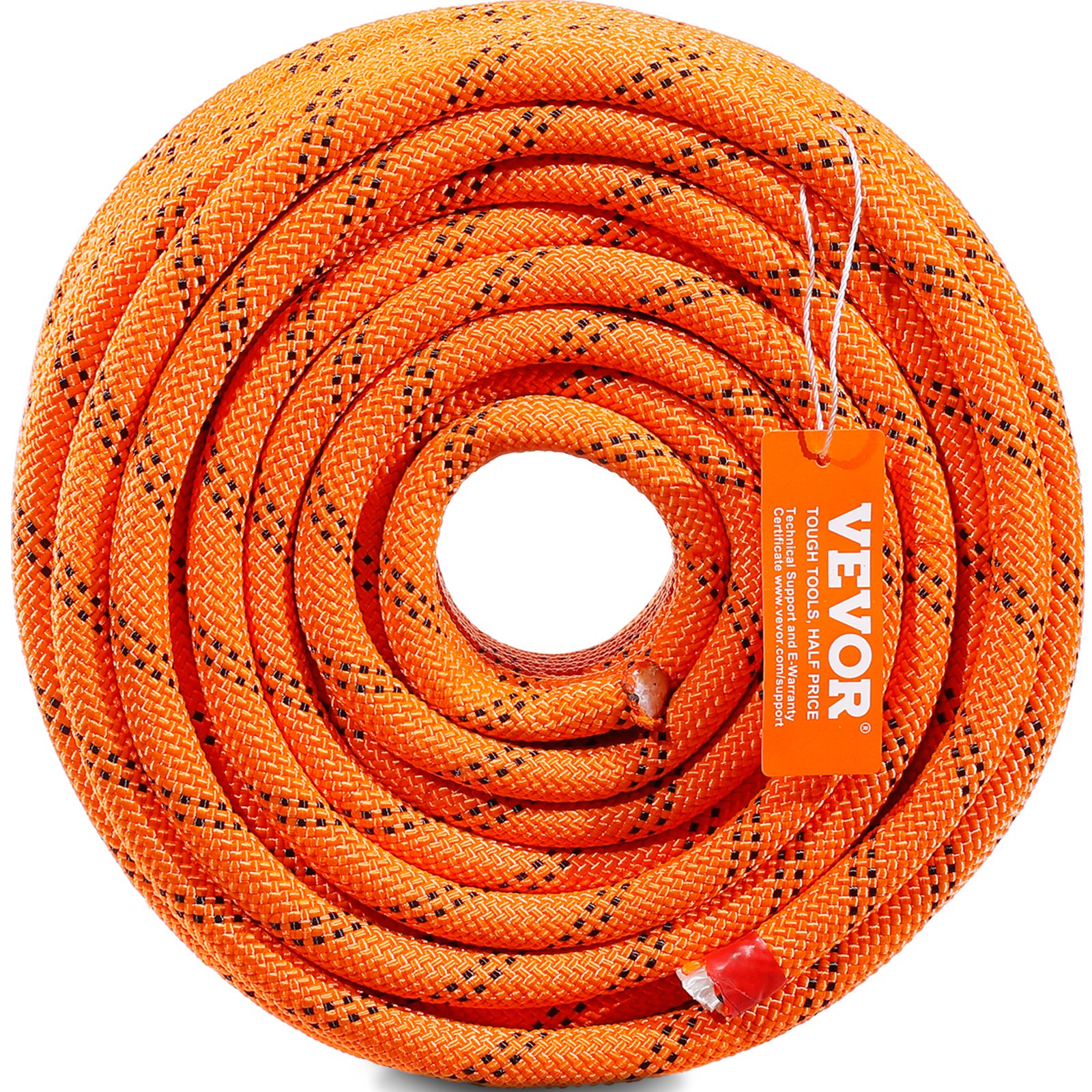 orange VEVOR climbing rope coiled with a label attached, featuring a durable texture and black patterns.