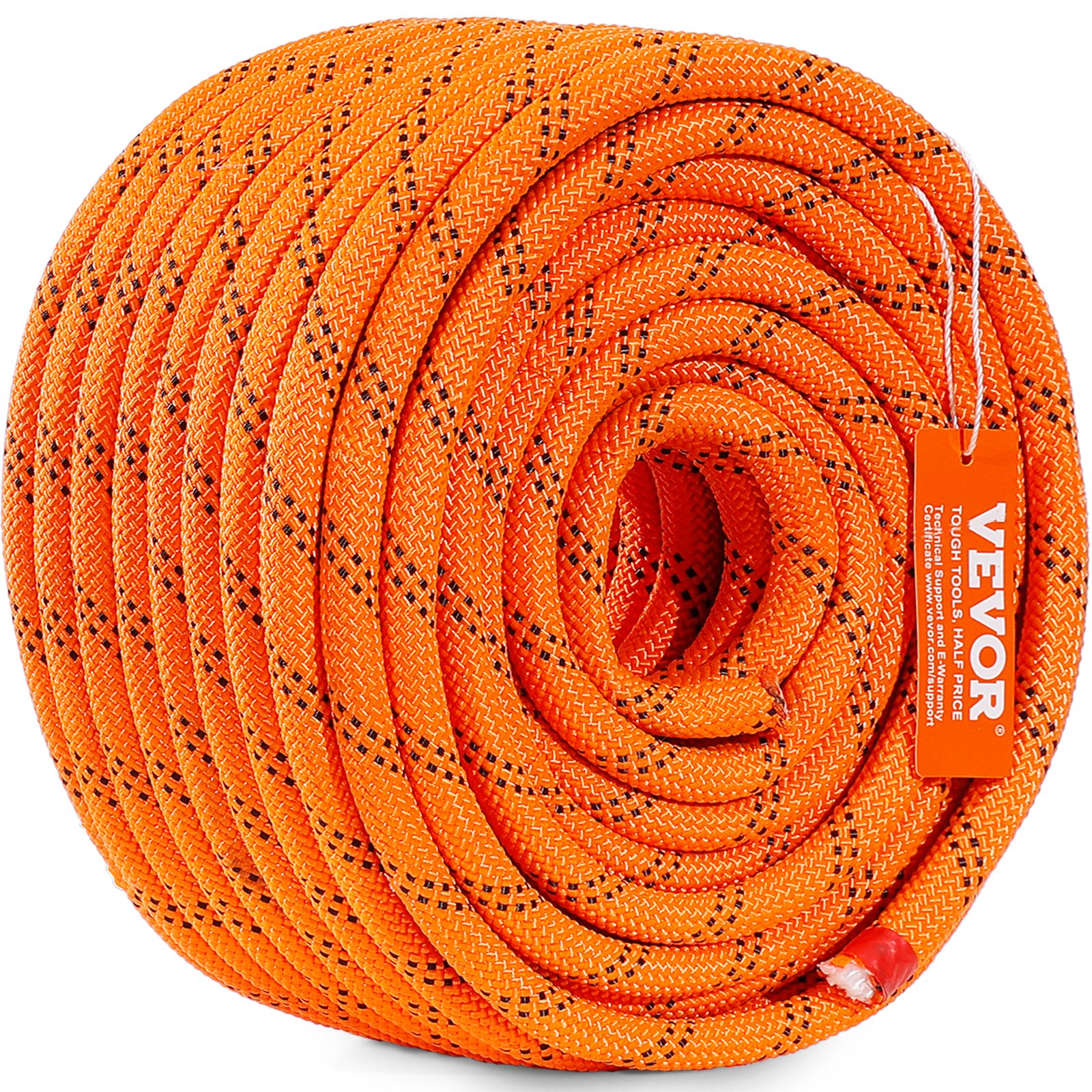 orange VEVOR climbing rope coiled with black patterns and a branded tag attached.