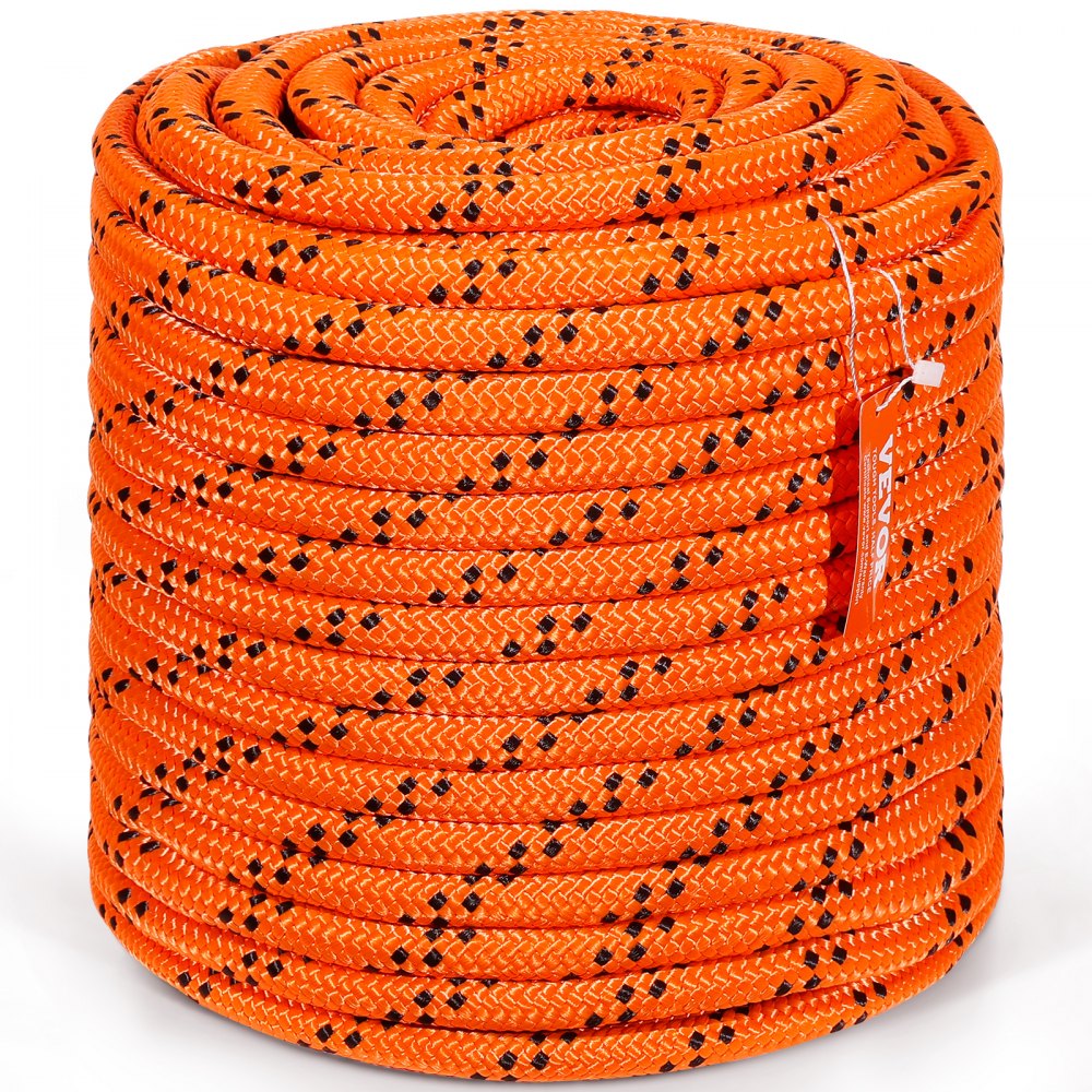 orange VEVOR arborist rigging rope coiled neatly with black and white patterns.